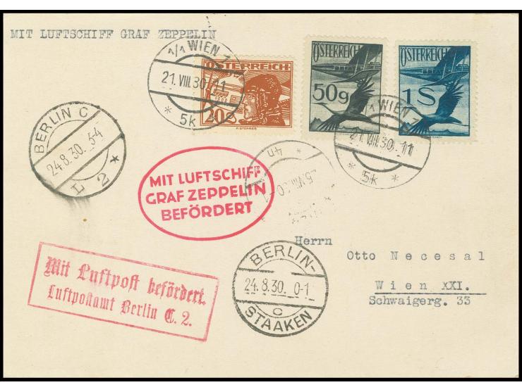 Ostpreußenfahrt, Karte bis Berlin mit vorderseitigem Ankunftsstempel und Flugpost-Bestätigungsstempel von Berlin C2, Kabinett
