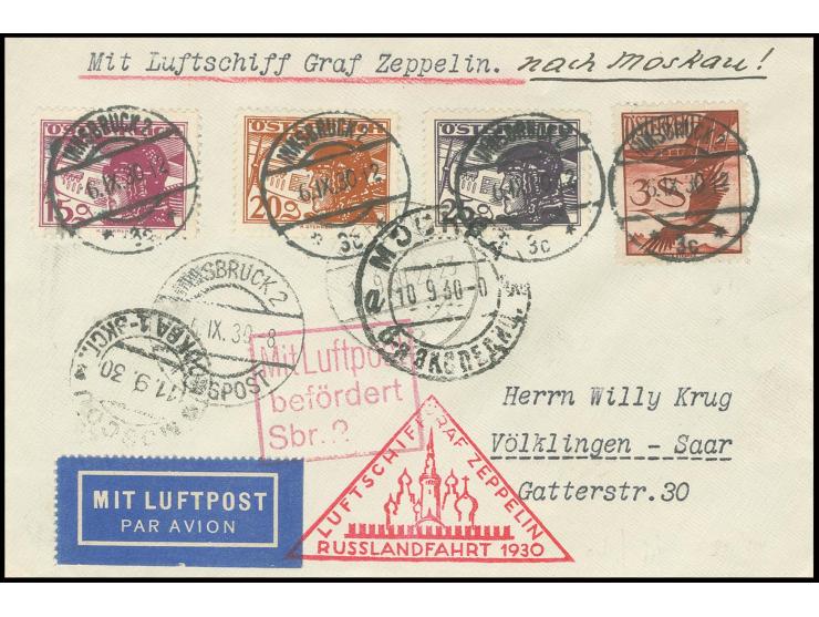 Rußlandfahrt, Brief, adressiert nach Völklingen mit zusätzlich Luftpost-Bestätigungsstempel von Saarbrücken, alle Stempel vor