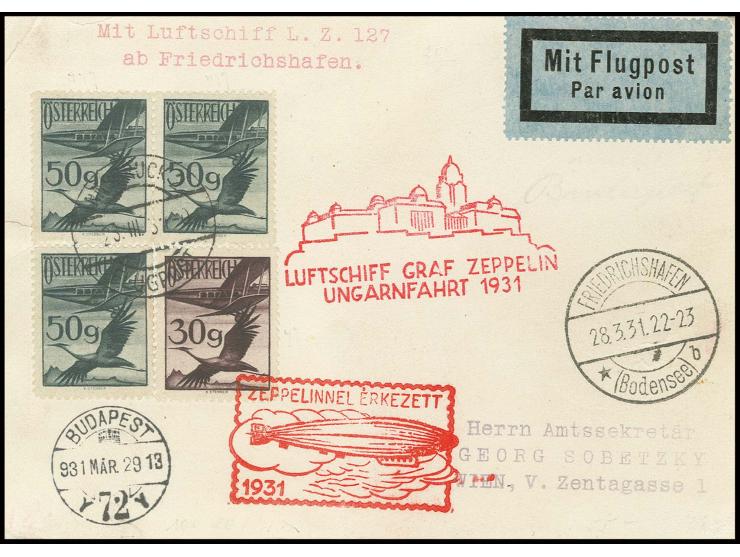 1931, Landungsfahrt nach Ungarn, Karte (links oben Bug) mit vorderseitigem Ankunftsstempel