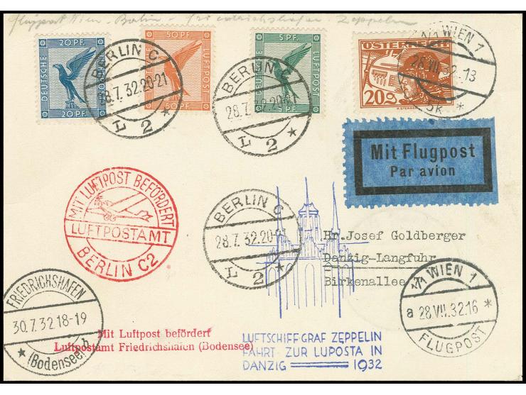 LUPOSTA-Fahrt, Karte mit DR-Zusatzfrankatur, gestempelt "BERLIN 28.7.32" bis Danzig, Kabinett