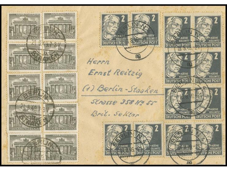Bauten 1 Pfg. (10) mit Stempel "BERLIN-STAAKEN 21.8.49" auf Brief mit Doppelfrankatur Köpfe I 2 Pfg. (12) mit Stempel "BERLIN