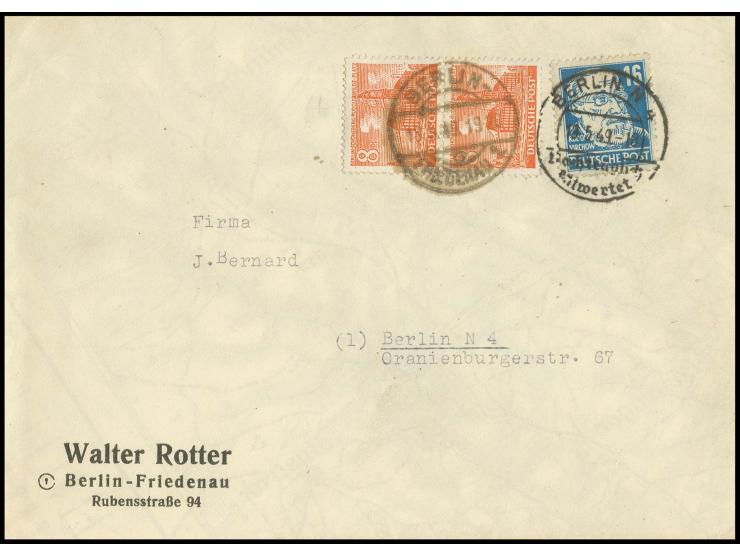 8 Pfg. im senkrechten Paar mit Stempel "BERLIN-FRIEDENAU 18.5.49" in Doppelfrankatur mit Köpfe I 16 Pfg. auf Brief mit Stempe