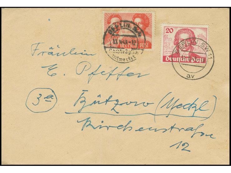 20 Pfg. mit Stempel "BERLIN SW 11 14.9.49" auf Brief mit Doppelfrankatur SBZ Liebknecht/Luxemburg 24 Pfg. mit Stempel "BERLIN