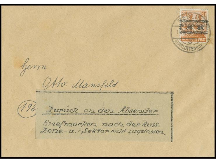 Band auf Arbeiter 24 Pfg. auf Brief von "BERLIN-CHARLOTTENBURG 15.8.48" nach Köthen mit Aufkleber "Zurück an den Absender/Bri