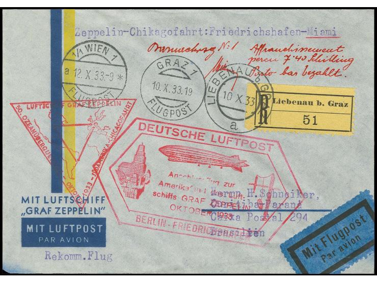 Barfrankatur-R-Brief Anschlußflug Berlin nach Miami mit Ankunftsstempel, große Zeppelin-Rarität in hervorragender Erhaltung