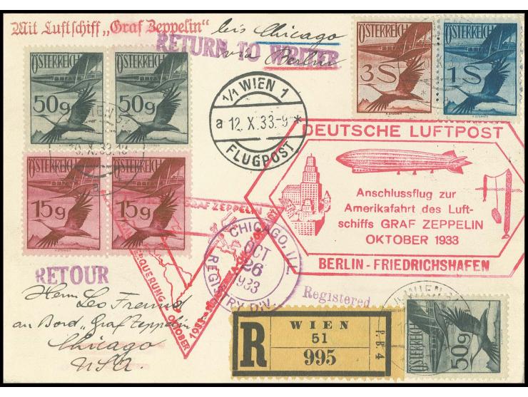 R-Karte Anschlußflug Berlin mit dekorativer vorder- und rückseitiger Frankatur bis Chicago mit vorderseitigem Ankunftsstempel