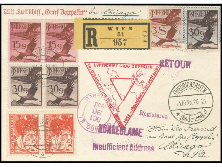 R-Karte mit dekorativer vorder- und rückseitiger Frankatur bis Chicago mit vorderseitigem Ankunftsstempel, Kabinett