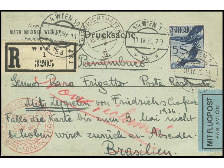 1936, 2. Südamerikafahrt, R-Drucksachenkarte als Bedarfspost nach Pernambuco, Kabinett