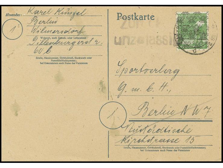 Netz auf Arbeiter 10 Pfg. auf Karte (alte Ganzsache als Formblatt überklebt) von "BERLIN-CHARLOTTENBURG 2 6.8.48" in den Sowj