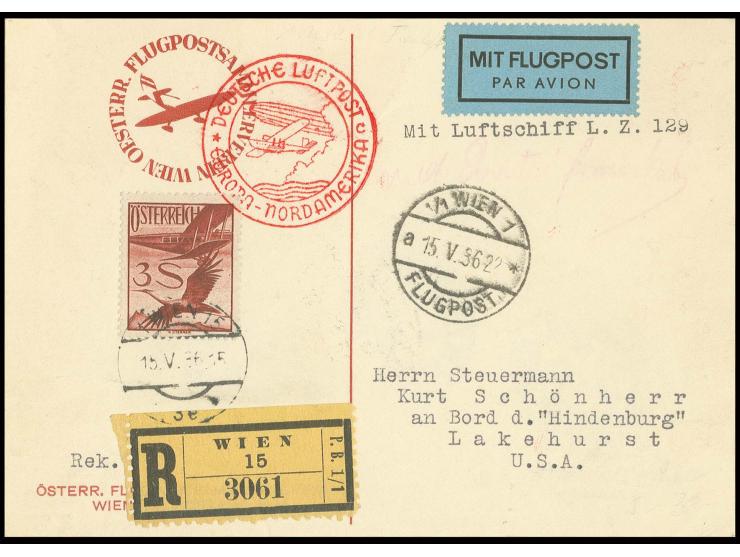 2. Nordamerikafahrt, R-Sonderkarte des "ÖSTERR. FLUGPOSTSAMMLERVEREIN WIEN", adressiert an das Besatzungsmitglied Kurt Schönh