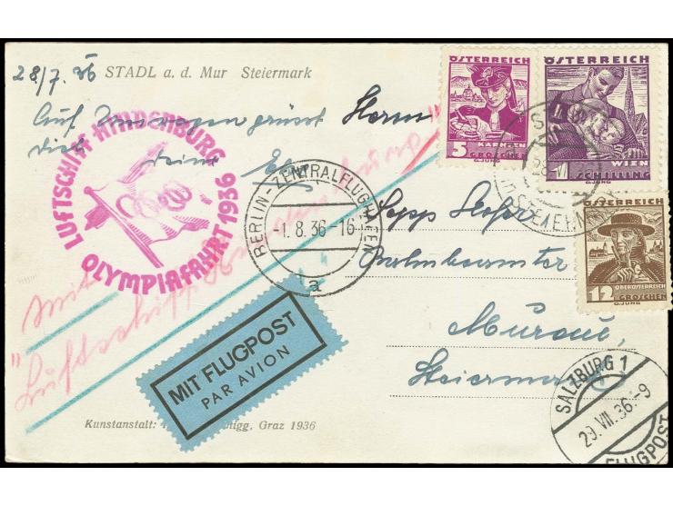 Olympiafahrt, Karte mit rotlila Bestätigungsstempel, ein Wert der Frankatur gering über Rand geklebt, sonst tadellos