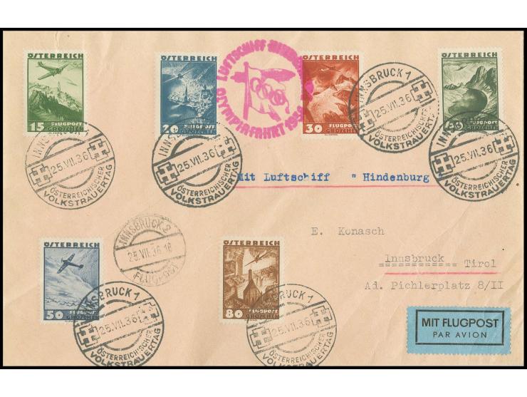 Brief (Knitterspuren) mit Aufgabe-Sonderstempel "INNSBRUCK ÖSTERREICHISCHER VOLKSTRAUERTAG 25.VII.36" mit rotlila Bestätigung