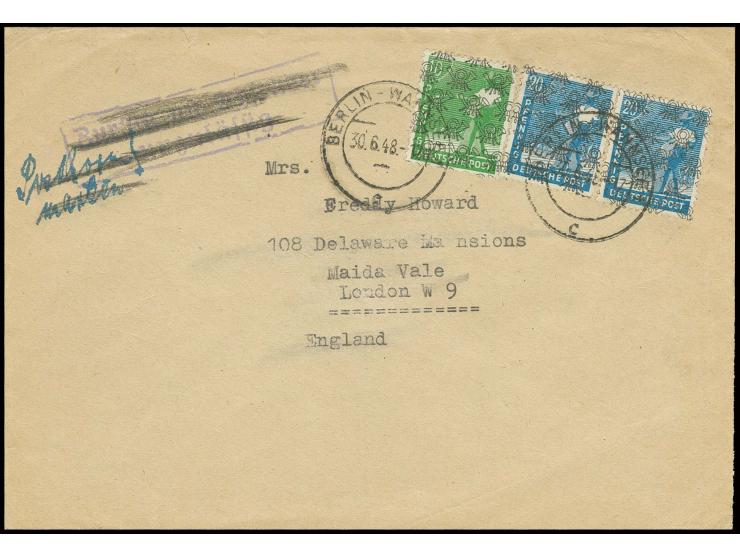 20 Pfg. (2) und 10 Pfg. auf Brief von "BERLIN-WANSEE 30.6.48" nach England mit Ra2 "Zurück an Absender unzulässig" und handsc
