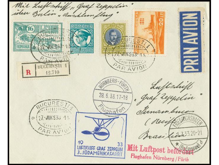 1933, 3. Südamerikafahrt, R-Brief mit vorderseitig rotem Flugpost-Bestätigungsstempel vom Flughafen Nürnberg/Fürth, Pracht, F