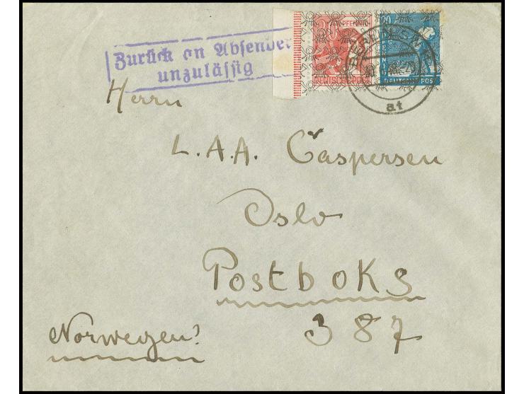 30 Pfg. und 20 Pfg. auf Brief von "BERLIN SW 11 30.6.48" nach Norwegen mit Ra2 "Zurück an Absender unzulässig", Auslandspost 