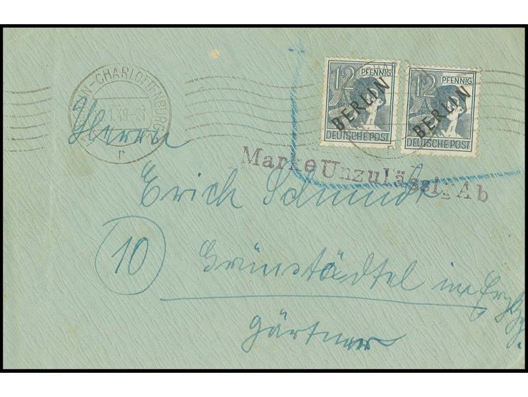 Schwarzaufdruck 12 Pfg., 2 Stück auf Brief von "BERLIN-CHARLOTTENBURG 2 10.1.49" in die SBZ mit L1 "Marke Unzulässig Ab", Bef