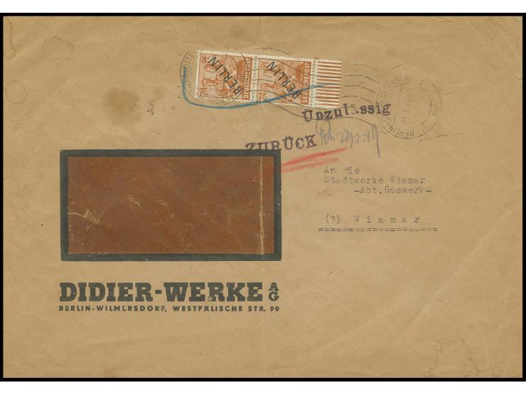 24 Pfg. im senkrechten Paar auf großformatigem Firmenvordruckbrief von "BERLIN-CHARLOTTENBURG 2 21.2.49" nach Wismar mit L2 "