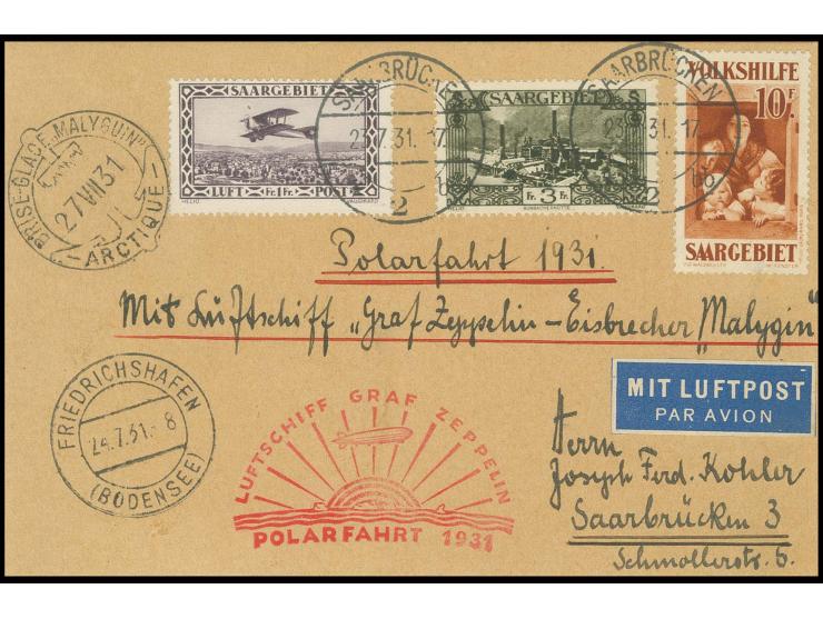 Polarfahrt, Karte mit sehr guter Frankatur, u.a. mit Mi.-Nr. 150, nach Malyguin, alle Stempel vorderseitig, Kabinett
