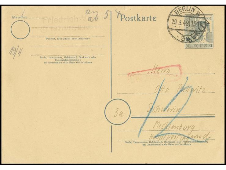 Karte 12 Pfg. auf gelblichem Papier bedarfsgebraucht von "BERLIN W 30 29.3.49" nach Schwerin mit Nachgebühr-Stempel und Taxe 