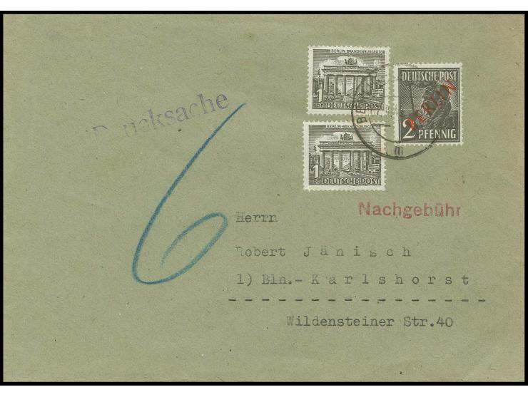 Rotaufdruck 2 Pfg. und Bauten 1 Pfg. (2) auf Drucksachen-Umschlag von "BERLIN-LICHTERFELDE 7.9.49" in den Sowjetischen Sektor