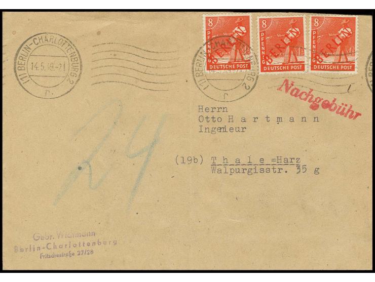 8 Pfg., 3 Stück auf Brief von "BERLIN-CHARLOTTENBURG 14.5.49" nach Thale, Frankatur nicht anerkannt und mit L1 "Nachgebühr" u