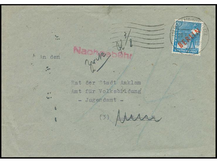 20 Pfg. auf Brief von "BERLIN-STEGLITZ 29.7.49" nach Anklam mit L1-"Nachgebühr" und Taxe "24" wegen Nichtanerkennung der West