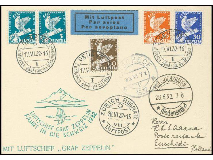1932, Schweizfahrt, Karte mit Sonderstempel "GENEVE Conférence générale du Désarmement" nach Holland, alle Stempel vorderseit