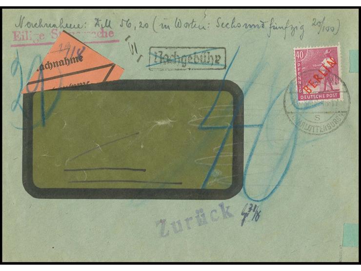 40 Pfg. als portogerechte Einzelfrankatur auf Nachnahme-Brief (Fensterumschlag) von "BERLIN-CHARLOTTENBURG 16.8.49" nach Berl