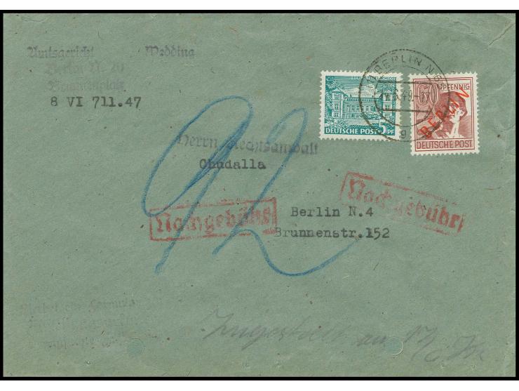 60 Pfg. und Bauten 5 Pfg. auf Brief mit Zustellungsurkunde von "BERLIN N 65 14.6.49" in den Sowjetischen Sektor mit Nachgebüh