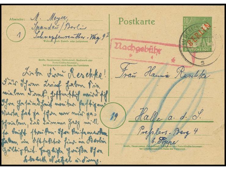 Karte 10 Pfg. bedarfsgebraucht von "BERLIN-SPANDAU 31.8.49" nach Halle mit Nachgebühr-Stempel und Taxe "12" (geändert aus "10