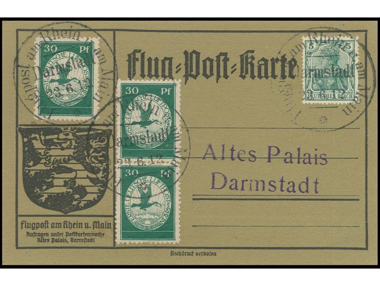 1912, Flugpost am Rhein und Main 10 Pfg. mit Ersttagsstempel "FRANKFURT 10.6.12." sowie 20 Pfg. und 3 Werte 30 Pfg. (2 Werte 