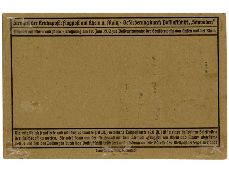 1912, Flugpost am Rhein und Main 10 Pfg. mit Ersttagsstempel "FRANKFURT 10.6.12." sowie 20 Pfg. und 3 Werte 30 Pfg. (2 Werte 