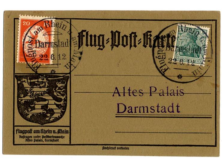1912, Flugpost am Rhein und Main 10 Pfg. mit Ersttagsstempel "FRANKFURT 10.6.12." sowie 20 Pfg. und 3 Werte 30 Pfg. (2 Werte 