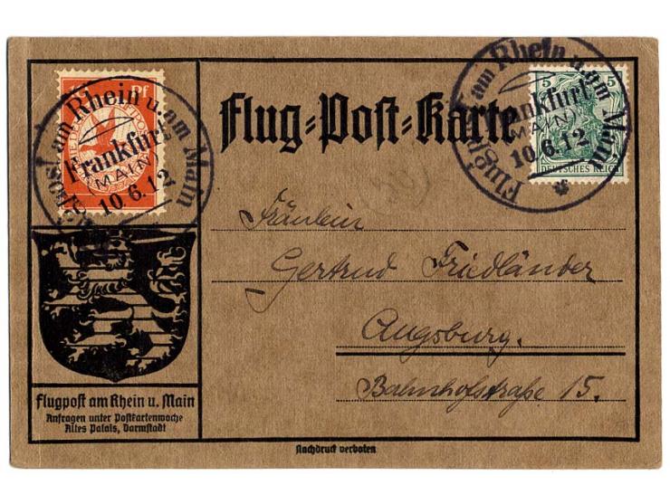 1912, Flugpost am Rhein und Main 10 Pfg. mit Ersttagsstempel "FRANKFURT 10.6.12." sowie 20 Pfg. und 3 Werte 30 Pfg. (2 Werte 