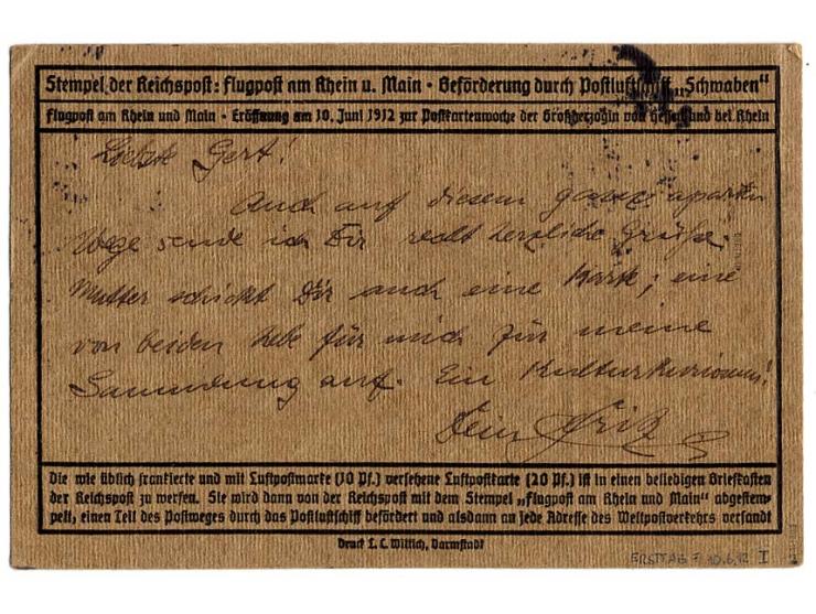 1912, Flugpost am Rhein und Main 10 Pfg. mit Ersttagsstempel "FRANKFURT 10.6.12." sowie 20 Pfg. und 3 Werte 30 Pfg. (2 Werte 