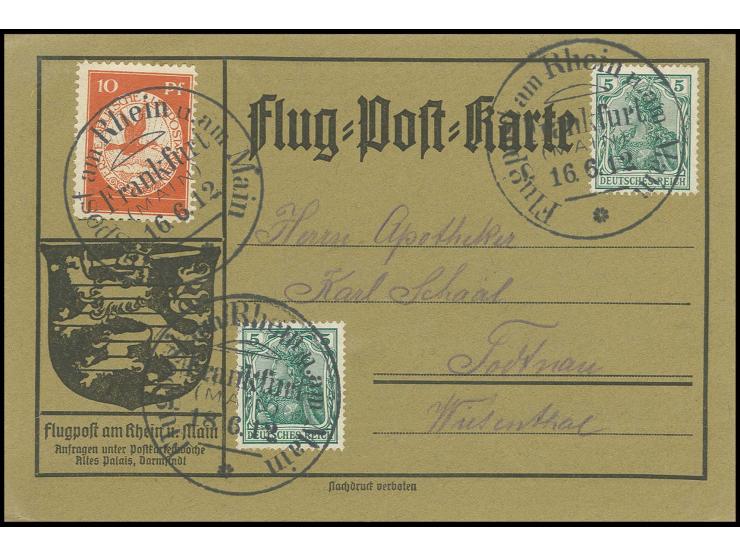 10 Pfg. und Zusatzfrankatur Germania 5 Pfg., beide entwertet mit Flugstempel "DARMSTADT 16.6.12" mit weiterer 5 Pfg. mit Stem