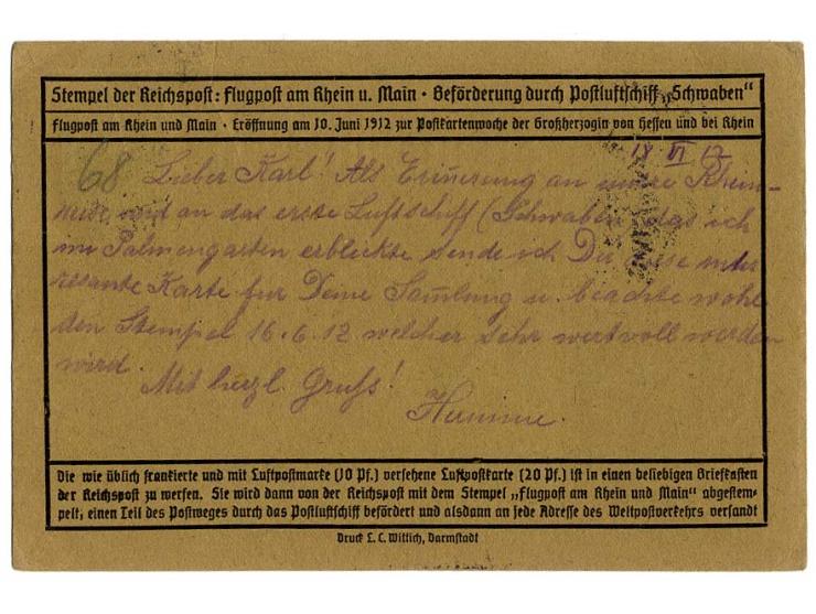10 Pfg. und Zusatzfrankatur Germania 5 Pfg., beide entwertet mit Flugstempel "DARMSTADT 16.6.12" mit weiterer 5 Pfg. mit Stem