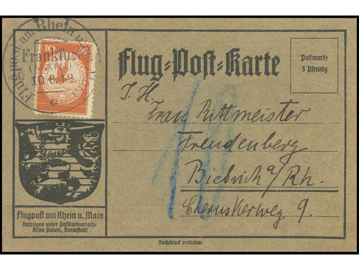 10 Pfg. auf Karte von "FRANKFURT 10.6.12" ohne Freimarken-Zusatzfrankatur mit blauer Taxe "10" nach Biebrich, Pracht