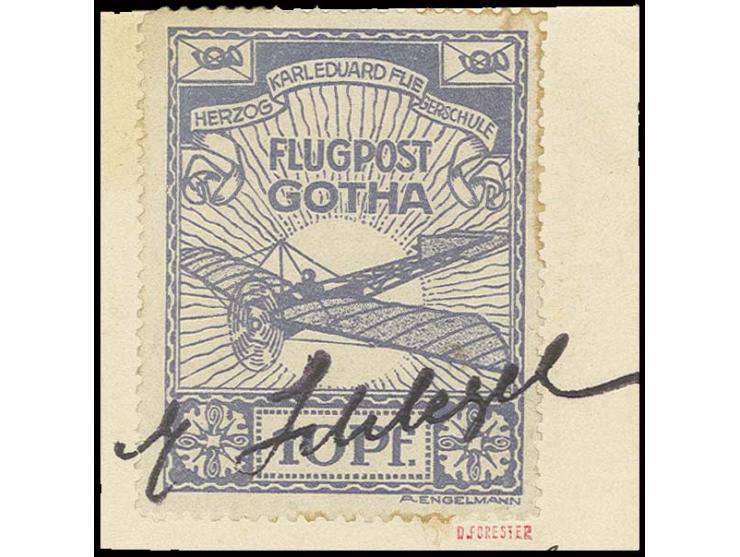 Flugpost Gotha 10 Pfg. auf Kartenausschnitt (Gummierung in der Zähnung etwas durchschlagend) mit Signaturstempel "E. Schlegel
