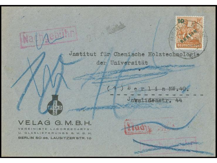 Grünaufdruck 10 Pfg. auf Brief von "BERLIN SO 36 24.8.49" in den Sowjetischen Sektor nach Berlin NW 40 mit Nachgebühr-Stempel