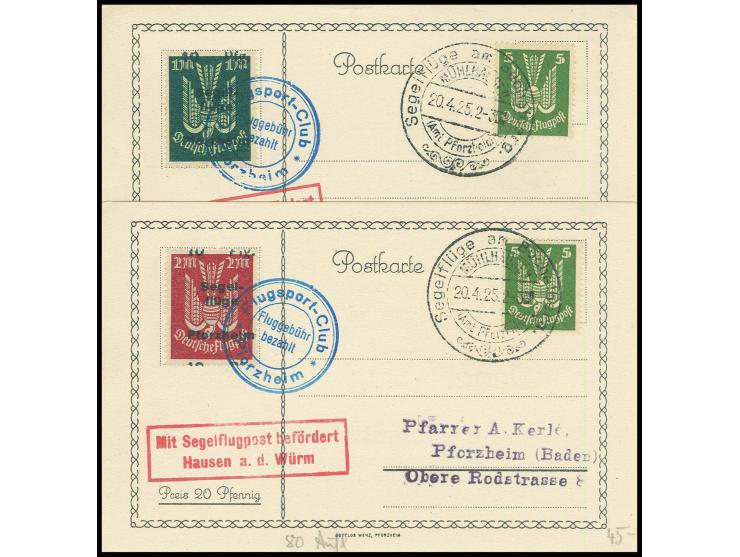 1924/25, Segelflüge am Büchelberg 10 Pfg. auf 1 und 2 M. mit jeweils Sonderstempel von Pforzheim auf Sonderkarten, Kabinett (