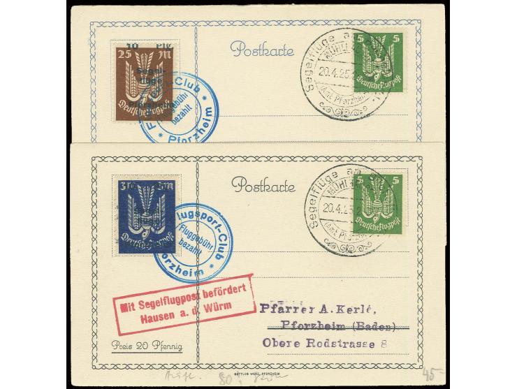 10 Pfg. auf 3 und 25 M. mit jeweils blauem Sonderstempel auf 2 Sonderkarten, Kabinett (Mi. 300,-)