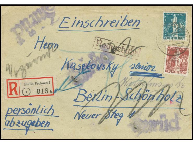 Stephan 60 Pfg. und 16 Pfg. als portogerechte Frankatur auf Einschreibe-Brief von "BERLIN-FROHNAU 1 28.5.49" in den Sowjetisc