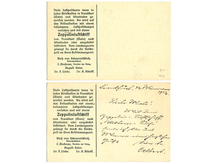 1912, Flugpost Frankfurt-Wiesbaden-Frankfurt, jeweils 2 Sonder-Ganzsachenkarten 50 Pfg. und 1 M. mit beiden Sonderstempeln, K