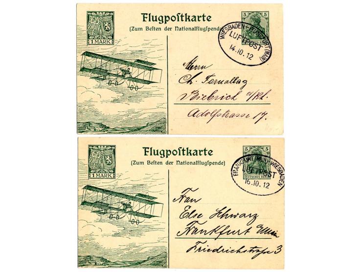 1912, Flugpost Frankfurt-Wiesbaden-Frankfurt, jeweils 2 Sonder-Ganzsachenkarten 50 Pfg. und 1 M. mit beiden Sonderstempeln, K