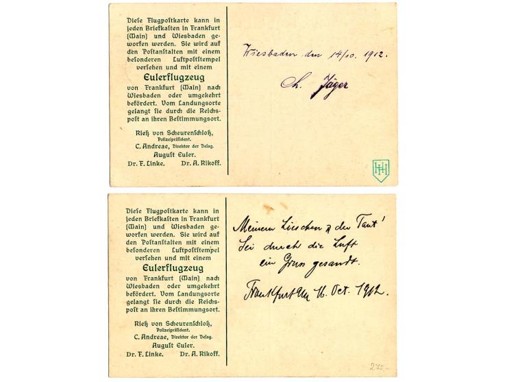 1912, Flugpost Frankfurt-Wiesbaden-Frankfurt, jeweils 2 Sonder-Ganzsachenkarten 50 Pfg. und 1 M. mit beiden Sonderstempeln, K