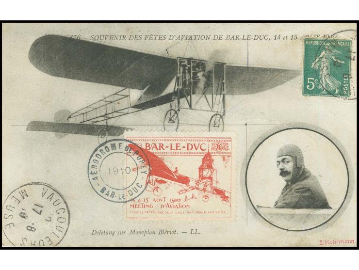 1910, Flugmeeting Bar-le-duc 14. und 15.8., Sonderkarte Bleriot (Büge und etwas unfrisch) mit Flugvignette und Sonderstempel 