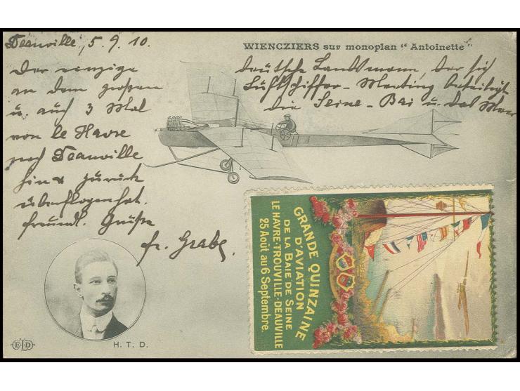1910, Flugschau "Grande Quinzaine d'Aviation de La Baie de Seine" 25.8.-6.9., Flugvignette bildseitig auf Sonderkarte nach Lü