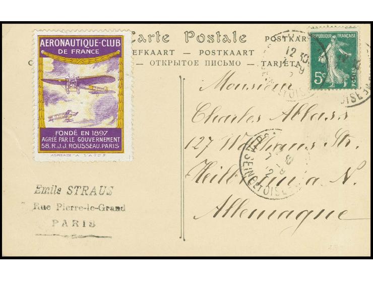 1912, Flugvignette des "Aeronautique-Club de France" auf farbiger Ansichtskarte "Flugzeug passiert Eiffelturm" nach Heilbronn