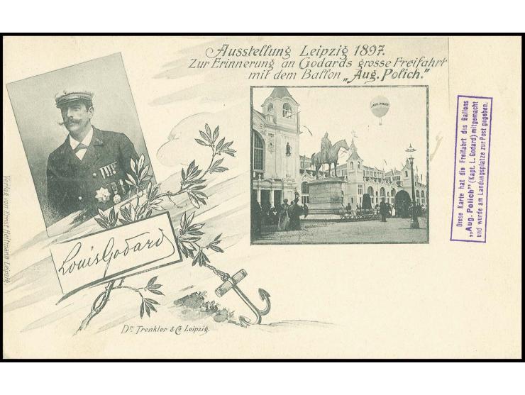 1897, Ballon "Aug. Polich", Sonderkarte der Fahrt unter Kapitän L. Godard mit Bestätigungsstempel, dazu 2 ungebrauchte Sonder